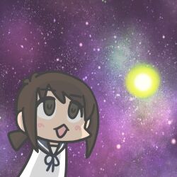  1girl :3 black_hair blue_sailor_collar brown_eyes commentary ferret-san fubuki_(kancolle) galaxy highres kantai_collection low_ponytail meme open_mouth parody ponytail sailor_collar sailor_shirt school_uniform serafuku shirt solo space space_cat_(meme) upper_body 