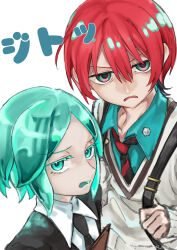 1girl 1other absurdres amate_yuzuriha androgynous aqua_eyes collared_shirt crossover crystal_hair frown gem_uniform_(houseki_no_kuni) glaring green_hair gundam gundam_gquuuuuux highres houseki_no_kuni kosokun kurosawa_tomoyo looking_at_viewer necktie open_mouth phosphophyllite red_hair school_uniform shirt short_hair simple_background sweater voice_actor_connection white_background 