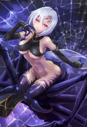  1girl arachne arthropod_girl black_sleeves breasts carapace closed_mouth detached_sleeves dys extra_eyes hair_between_eyes highres insect_girl monster_girl monster_musume_no_iru_nichijou multiple_legs navel pelvic_curtain pink_eyes rachnera_arachnera short_hair silk sleeves_past_wrists smile solid_eyes solo spider_girl spider_web stomach taur 