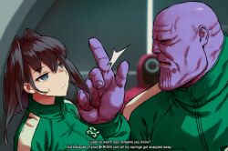  1boy 1girl 1other black_hair blue_eyes blurry blurry_background breasts closed_mouth colored_skin commentary crossover depth_of_field english_commentary english_text eye_contact fingernails green_jacket hair_between_eyes hand_up haraya_manawari highres hololive hololive_english jacket kronii_coin_(meme) large_breasts long_hair long_sleeves looking_at_another marvel marvel_cinematic_universe meme name_connection ouro_kronii parody parted_lips puffy_long_sleeves puffy_sleeves purple_skin small_sweatdrop snapping_fingers squid_game sweat thanos track_jacket upper_body virtual_youtuber 