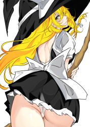  1girl absurdres apron ass back_cutout blonde_hair braid breasts cameltoe clothes_lift clothing_cutout hair_between_eyes hat highres kirisame_marisa large_breasts long_hair looking_at_viewer looking_back panties shirt short_sleeves side_braid simple_background skirt skirt_lift smile solo touhou unanooo_(fthx7532) underwear waist_apron white_background white_panties witch_hat yellow_eyes 