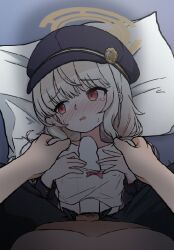  1boy 1girl aoba_(blue_archive) black_hat blue_archive blush boy_on_top camisole censored erection halo hands_on_another&#039;s_shoulders hat head_on_pillow hetero loli long_hair long_sleeves lying naizuri on_back open_mouth orange_halo paizuri penis pillow pov red_eyes solo_focus straddling straddling_paizuri tearing_up white_camisole xandier59 