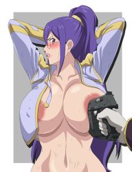  1girl angry arms_behind_head arms_up at_gunpoint blush breast_poke breasts clenched_teeth covered_erect_nipples embarrassed female_focus glasses gloves gun high_ponytail highres holding holding_gun holding_weapon huge_breasts jacket jo_aysel large_areolae long_hair looking_at_viewer makino_tomoyasu navel no_bra open_clothes open_jacket peril poking ponytail purple_hair red_eyes simple_background teeth upper_body weapon zoids zoids_wild zoids_wild_zero  rating:Questionable score:93 user:Ynyswydryn