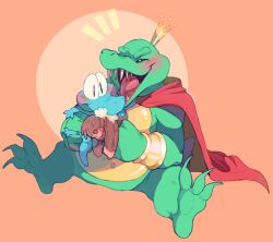  1boy blue_skin blush cape closed_eyes colored_skin crocodilian crown donkey_kong_(series) donkey_kong_country furry furry_male green_skin king_k._rool klaptrap nintendo red_cape simple_background smile sony-shock stuffed_toy 