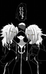  1other 2boys androgynous black_coat_(kingdom_hearts) black_gloves clone gloves grin highres holding_another&#039;s_waist holding_another&#039;s_wrist hood hood_up kingdom_hearts long_hair long_sleeves mqtsurikq multiple_boys orange_eyes smile smug speech_bubble spiked_hair xemnas 
