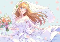  1girl absurdres aqua_eyes armpit_crease blue_eyes blurry blurry_foreground blush bouquet bow breasts bridal_veil bride collarbone commentary_request cowboy_shot depth_of_field detached_sleeves double-parted_bangs dress dress_bow earrings falling_petals floating_hair flower green_flower hair_ornament happy head_wreath heterochromia highres holding holding_bouquet indie_virtual_youtuber jewelry large_breasts layered_dress lightning_bolt lightning_bolt_earrings lightning_bolt_hair_ornament lightning_bolt_symbol long_hair looking_at_viewer mikan_mizu open_mouth orange_flower orange_hair petals pink_flower red_flower smile solo standing strapless strapless_dress teeth upper_teeth_only veil virtual_youtuber wedding wedding_dress white_bow white_dress yoshino_shizuru 