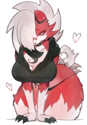 animal_ears black_hair black_hoodie black_panties blush breasts claws cleavage collar colored_sclera earrings furry furry_female gen_7_pokemon highres hood hoodie jewelry large_breasts long_hair looking_at_viewer lycanroc lycanroc_(midnight) multicolored_hair nintendo panties pokemon pokemon_(creature) red_fur red_sclera snout spiked_collar spikes tail thick_thighs thighs togetoge underwear white_fur white_hair wide_hips wolf_ears wolf_girl wolf_tail rating:Sensitive score:43 user:Zbidiboui