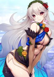  1girl armored_leotard ass bare_shoulders black_panties bodystocking breasts cape closed_mouth covered_navel dress elbow_gloves female_corrin_(fire_emblem) female_corrin_(resplendent)_(fire_emblem) fire_emblem fire_emblem_fates fire_emblem_heroes flower gloves gradient_clothes hair_ornament hair_vines hairband hands_on_own_thighs leotard long_hair looking_at_viewer medium_breasts nintendo official_alternate_costume panties panty_straps pointy_ears red_eyes see-through_clothes see-through_cutout smile solo sylphy_fe thighs thorns underwear white_hair wing_cape 
