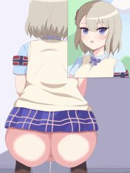 1girl animated animated_gif anus armband ass azur_lane bathroom black_legwear blue_eyes blue_neckwear blue_shirt blue_skirt blush bow bowtie breasts brown_footwear brown_hair cloud from_behind hair_ornament inset looking_at_viewer open_mouth oreon_z peeing plaid_clothes plaid_neckwear plaid_skirt pussy school_uniform shirt shoes short_hair short_sleeves skirt sky small_breasts smile socks squat_toilet squatting sweater_vest toilet toilet_use tree uncensored wall yellow_sweater_vest z23_(azur_lane) rating:Explicit score:87 user:cpee