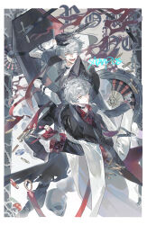  2boys absurdres black_coat black_pants bullet coat coffin collared_shirt gloves grey_hair gun hair_between_eyes handgun highres holding holding_gun holding_weapon jacket long_sleeves looking_at_viewer male_focus multiple_boys necktie one_eye_closed open_clothes open_coat open_mouth original pants qyzhiaiyisheng red_shirt sample_watermark shirt short_hair smile watermark weapon white_hair white_shirt yellow_eyes 