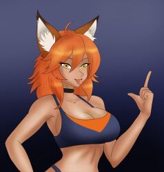  animal_ears armpits breasts choker cleavage dark_background dark_skin fox_ears highres jessicajoyss kitsune large_breasts medium_hair original panty_straps red_hair seductive_gaze sports_bra sportswear tomboy tongue tongue_out yellow_eyes  rating:General score:3 user:Faryshta