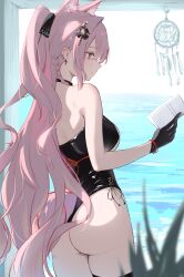  18_yen_coin 1girl animal_ear_fluff animal_ears arknights ass back bare_arms bare_shoulders black_gloves black_leotard black_ribbon blurry blurry_background bracelet braid breasts clothing_cutout commentary depth_of_field dot_nose dreamcatcher earrings gloves hair_ornament hair_ribbon highres holding holding_letter holding_paper jewelry latex latex_leotard leotard letter long_hair looking_to_the_side nose paper pink_hair pink_tail pozyomka_(arknights) profile ribbon solo tail tail_through_clothes thighs turning_head water window 