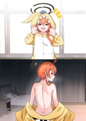  1girl absurdres ahoge alternate_costume animal_costume animal_ear_hood animal_ears animal_hood back bedroom before_and_after blue_archive blush breasts butt_crack claw_pose cosplay fake_animal_ears from_behind halo highres hood hooded_pajamas koyuki_(blue_archive) koyuki_(pajamas)_(blue_archive) koyuki_(pajamas)_(blue_archive)_(cosplay) lips looking_back mole mole_under_each_eye mole_under_eye multiple_moles multiple_views navel neru_(blue_archive) onesie open_mouth orange_hair pajamas red_eyes red_nails short_hair sidetail single_sidelock sleepnya small_breasts solo standing topless_female unbuttoned undressing white_background yellow_pajamas 