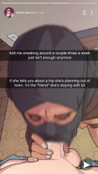  1boy 1girl artist_name black_mask brown_eyes cheating_(relationship) closed_eyes dark-skinned_female dark_skin english_text fake_phone_screenshot fake_screenshot fellatio fellatio_under_mask from_above hetero highres interracial looking_at_viewer mask motion_blur mouth_mask muslim netorare niqab not_enough_milk oral original penis penis_grab pov testicles user_interface 