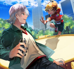  2boys amanogawa_ryuusei andou_loid aqua_shorts arm_up beard_stubble belt belt_pouch black_hair black_pants blonde_hair blue_sky brown_belt brown_eyes building caesar_kaiser_emperor child cloud collared_jacket commentary_request facial_hair giraffe_stag_beetle green_eyes green_jacket grey_hair hercules_beetle highres holding holding_toy jacket jinzou_konchuu_kabutoborg_vxv jumping kuroda_(kuro_yyy) male_focus multiple_boys open_mouth outdoors pants pouch red_jacket red_shoes shirt shoes short_hair shorts sky skyscraper smile sneakers stag_beetle standing stubble tomcat_red_beetle_(kabutoborg) toy toy_car tree white_shirt wristband 