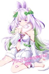  1girl absurdres ankle_cuffs bare_shoulders bloomers blush breasts closed_mouth hand_on_ground highres leaf leaf_on_head leg_tattoo long_hair looking_at_another medium_breasts midriff monster_girl navel plant_girl purple_eyes rise_(rise19851203) simple_background sitting smile stomach tattoo traptrix_genlisea underwear wariza white_background white_hair yu-gi-oh! 