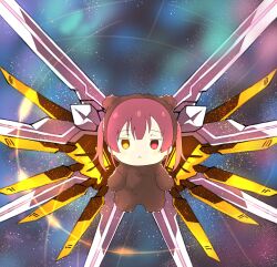  1girl absurdres animal_costume bear_costume chibi full_body heterochromia highres hololive houshou_kumarine houshou_marine long_hair mecha mechanical_wings red_eyes red_hair robot solo space twintails virtual_youtuber wings yellow_eyes zyunsei777 