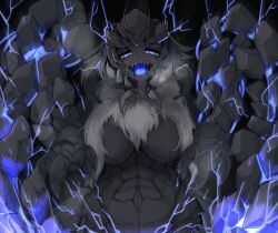  1girl arkveld blue_eyes blue_tongue breasts colored_skin colored_tongue energy_drain grey_hair grey_scales grey_skin highres horns katakoto_tktk large_breasts long_hair looking_at_viewer monster_girl monster_hunter_(series) monster_hunter_wilds open_mouth scales sharp_teeth solo teeth 