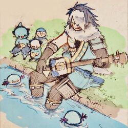  armor chosokabe_motochika creatures_(company) dewott feet_in_water game_freak gen_2_pokemon gen_4_pokemon gen_5_pokemon grass instrument japanese_clothes kimono multicolored_hair nintendo oshawott piplup pokemon pokemon_conquest river sengoku_musou shamisen sitting two-tone_hair wooper 