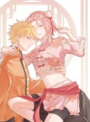  1boy 1girl absurdres blonde_hair china_dress chinese_clothes dress earrings haruno_sakura highres jewelry jianian naruto_(series) pink_hair sitting sitting_on_person uzumaki_naruto 