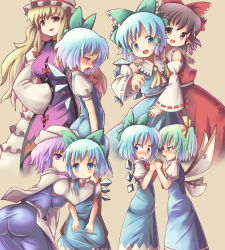 5girls age_difference ahegao ascot ass blonde_hair blue_eyes blue_hair blush bow kodomo_doushi cirno cosplay cowboy_shot daiyousei detached_sleeves dress gap_(touhou) hair_bow hakkotsu_shitai hakurei_reimu hakurei_reimu_(cosplay) hat holding_hands letty_whiterock loli long_hair multiple_girls onee-loli open_mouth saliva sexually_suggestive short_hair tongue touhou wings yakumo_yukari yuri rating:Questionable score:29 user:danbooru
