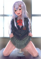 1girl amog blush classroom clothes_lift colored_eyelashes cup echidna_(re:zero) highres long_hair peeing peeing_in_cup re:zero_kara_hajimeru_isekai_seikatsu school_uniform skirt skirt_hold skirt_lift teacup white_eyelashes white_hair rating:Questionable score:279 user:DoctorWasabi