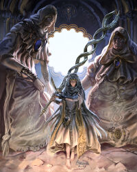  1girl 2boys ariamis_arts armor barefoot black_gemstone blonde_hair blue_eyes blunt_bangs bracer capelet chainmail cowl doll_joints dress elden_ring elden_ring_nightreign feet frilled_dress frills full_body gem godskin_apostle godskin_noble godslayer&#039;s_greatsword_(elden_ring) gold_trim highres huge_weapon jewelry joints looking_at_viewer multiple_boys official_alternate_costume ornate_clothes purple_gemstone revenant_(elden_ring) signature slit_pupils standing sword two-handed_sword weapon white_dress wide_sleeves yellow_eyes 
