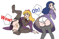  2girls blonde_hair blue_dress blue_eyes blue_hair bow breasts collar crotch_seam dress english_text female_focus freckles frills full_body green_eyes hair_bow hair_ornament lavinia_herbert loli looking_at_viewer looking_back lying multiple_girls necktie nipples nippon_animation no_panties omosiro on_side open_mouth panties pink_bow presenting princess_sarah pubic_hair puffy_sleeves purple_dress pussy sarah_crewe seductive_smile see-through_clothes see-through_dress see-through_shirt simple_background sitting smile spread_legs standing strap surprised thighhighs underwear upskirt white_background white_panties world_masterpiece_theater 