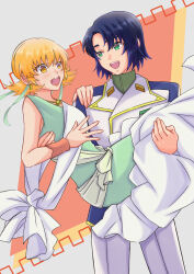  1boy 1girl absurdres athrun_zala blonde_hair blue_hair blush cagalli_yula_athha carrying couple dress earrings green_dress green_eyes gundam gundam_seed gundam_seed_freedom hand_on_another&#039;s_shoulder highres jewelry military_uniform princess_carry short_hair smile user_kunf8626 yellow_eyes 