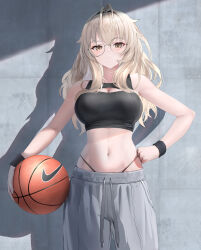  1girl absurdres ball bare_shoulders basketball basketball_(object) black_sports_bra blonde_hair blush breasts cleavage closed_mouth glasses grey_pants highres holding large_breasts long_hair looking_at_viewer midriff navel original pants panty_straps simple_background solo sports_bra sportswear sthk sweatpants wristband yellow_eyes 
