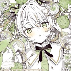  alternate_eye_color black_bow black_bowtie black_ribbon blonde_hair border bow bowtie close-up collar crossed_bangs diamond_hair_ornament floral_background flower gold_trim green_background green_bow green_eyes green_flower green_ribbon green_theme hair_between_eyes hair_bow hair_intakes hair_ornament hair_ribbon haku_(kumorimuu) heart heart_hair_ornament holding holding_flower jewelry kumorimuu limited_palette long_hair long_sleeves looking_at_viewer multicolored_hair original outside_border parted_bangs parted_lips ribbon see-through_clothes see-through_sleeves sleeves_past_wrists streaked_hair twitter_username two-tone_hair two_side_up white_border white_collar white_flower white_hair wrist_ribbon 