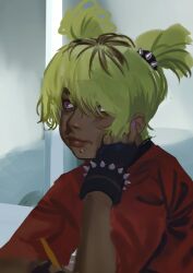 arm_support dark-skinned_female dark_skin fingerless_gloves gloves green_hair hair_between_eyes hairband head_rest lips looking_to_the_side metham original piercing portrait purple_eyes purple_nails short_hair spiked_hairband spikes  rating:General score:1 user:BeefyLeafy69