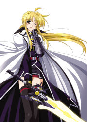  1girl ahoge anime_coloring bardiche_(nanoha) bardiche_(riot_blade_ii)_(nanoha) black_gloves black_thighhighs blonde_hair cape energy_sword fate_testarossa fate_testarossa_(impulse_form) finger_to_mouth gauntlets gloves higa_yukari highres index_finger_raised long_hair looking_at_viewer lyrical_nanoha magic_circle mahou_senki_lyrical_nanoha_force one_eye_closed parted_lips red_eyes shushing simple_background solo sword thighhighs weapon white_background white_cape zettai_ryouiki 