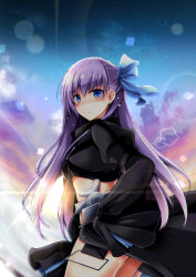  1girl :/ backlighting black_jacket black_skirt blue_eyes blush breasts commentary_request cropped_jacket fate/extra fate/extra_ccc fate_(series) from_side hair_ribbon hashtag-only_commentary highres jacket juliet_sleeves kiki_(koikuchikinako) lens_flare long_hair long_sleeves meltryllis_(fate) midriff pentagon_(shape) puffy_sleeves purple_hair ribbon skirt sleeves_past_fingers sleeves_past_wrists small_breasts solo 