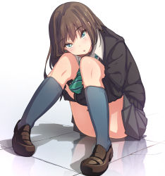 10s 1girl black_cardigan black_skirt blue_eyes blue_socks blush brown_hair cardigan chestnut_mouth collared_shirt convenient_censoring convenient_leg female_focus hugging_own_legs idolmaster idolmaster_cinderella_girls loafers long_hair long_sleeves miniskirt mizusane_(mitsukidou) necktie open_mouth panties pantyshot pantyshot_through_reflection pleated_skirt reflection school_uniform shibuya_rin shirt shoes sitting skirt socks solo striped_necktie striped_neckwear underwear white_panties white_shirt rating:Sensitive score:42 user:danbooru