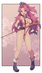  1girl angela_(seiken_densetsu_3) areola_slip breasts covered_erect_nipples female_pubic_hair gloves green_eyes highres lamb-oic029 large_breasts long_hair medium_breasts pubic_hair purple_hair seiken_densetsu seiken_densetsu_3 slingshot_swimsuit smile solo swimsuit  rating:Questionable score:62 user:Vardigiil