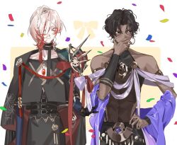  2boys arjuna_(fgo_fes._2025)_(fate) belly_chain bishounen black_eyes black_gloves black_hair blush chest_jewel confetti dancer dark-skinned_male dark_skin earrings eyeshadow eyeshadow_under_eye fate/grand_order fate_(series) floral_print flower gloves gold_armlet gold_earrings gold_necklace gradient_hair hair_over_one_eye indian_clothes jewelry karna_(fate) karna_(fgo_fes._2025)_(fate) makeup medium_hair multicolored_hair multiple_boys necklace pale_skin purple_sash purple_shawl red_eyeshadow red_hair sash shawl sleeveless spider_lily spider_lily_print wavy_hair white_flower white_spider_lily yeguangmusi 