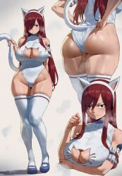  1girl animal_ears arm_garter ass black_eyes breasts cat_cutout cat_ears cat_tail cleavage clothing_cutout commentary erza_scarlet fairy_tail fake_animal_ears fake_tail full_body gradient_background grey_background hair_over_one_eye highleg highleg_leotard highres large_breasts leotard long_hair looking_at_viewer multiple_views patreon_logo patreon_username red_hair shexyo shoes shoulder_tattoo standing sweat tail tattoo thighhighs upper_body white_leotard white_thighhighs 