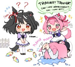  6+girls :3 ? ?? ahoge animal_ears artist_name artist_self-insert black_hair bow bowtie brown_eyes brown_hair chibi clone commentary crying english_commentary english_text flying_sweatdrops hair_ribbon haru_urara_(umamusume) headband highres horse_ears horse_girl horse_tail horseshoe_ornament interlocked_fingers jewel_(umamusume) kitasan_black_(umamusume) light_blush loafers long_hair medium_hair motion_lines multiple_girls multiple_persona open_mouth over-kneehighs own_hands_clasped own_hands_together pink_eyes pink_hair pink_headband ponytail praying puddle puffy_short_sleeves puffy_sleeves purple_bow purple_bowtie purple_shirt ribbon sailor_collar sailor_shirt satono_diamond_(umamusume) school_uniform serafuku shibedraws shirt shoes short_sleeves skirt sparkle speech_bubble sweatdrop symbol-shaped_pupils tail thighhighs tracen_school_uniform trembling umamusume white_serafuku white_skirt white_streaks white_thighhighs 