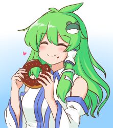  1girl antenna_hair bare_shoulders blue_background blush breasts closed_eyes closed_mouth collared_shirt crumbs detached_sleeves donut dot_nose double-parted_bangs eating food food_bite frog_hair_ornament gradient_background green_hair hair_ornament hair_tubes heart highres holding holding_donut holding_food kochiya_sanae long_hair long_sleeves medium_breasts mizusoba shirt simple_background single_hair_tube single_sidelock sleeveless sleeveless_shirt snake_hair_ornament solo touhou upper_body wide_sleeves wing_collar 
