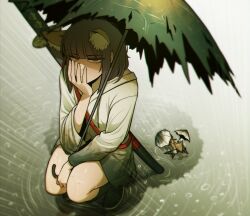  1girl alternate_costume animal_ear_fluff animal_ears arm_on_thigh black_boots blunt_bangs blush bob_cut boots closed_mouth day dirty dirty_clothes drawstring dress drifting_fox e.g.o_(project_moon) elbow_on_thigh elbow_rest fox fox_ears fox_girl from_above full_body grey_hair half-closed_eyes hand_on_own_face head_on_hand head_rest highres hood hood_down hooded_dress jitome katana kemonomimi_mode knee_boots limbus_company long_sleeves looking_at_viewer looking_up misg1111 outdoors project_moon puddle rain red_eyes reflection reflective_water ripples ryoshu_(project_moon) scabbard shade sheath sheathed short_hair shoulder_strap sidelocks solo squatting sunshower_(e.g.o) sword torn_umbrella umbrella umbrella_over_shoulder weapon white_dress 