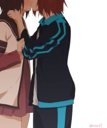 2girls absurdres age_difference bad_id bad_twitter_id blush dress funami_yui hands_on_another&#039;s_neck highres jpeg_artifacts kamiki_uutarou kiss minamino_tsubasa multiple_girls onee-loli sailor_dress school_uniform serafuku short_hair simple_background sweat teacher_and_student track_suit twitter_username white_background yuri yuruyuri rating:Sensitive score:31 user:danbooru