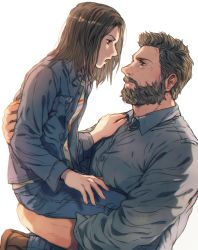 10s 1boy 1girl age_difference animification bad_id bad_pixiv_id beard brown_hair carrying eye_contact facial_hair father_and_daughter grey_hair jacket logan_(film) logan_(movie) looking_at_another manly marvel open_mouth qin_(7833198) simple_background wolverine_(x-men) x-23 x-men x-men_film_series 