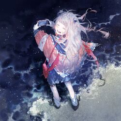  1girl bag black_shoes blue_skirt brown_hair cellphone closed_eyes demon_wings facing_viewer floating_hair highres holding holding_phone jacket long_hair makaino_ririmu makaino_ririmu_(4th_costume) maruko_inari multicolored_hair nijisanji open_mouth outdoors phone pink_hair pink_jacket pleated_skirt shoes shoulder_bag skirt smartphone smile solo two-tone_hair virtual_youtuber water wings 