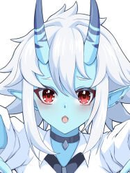  1girl blue_skin colored_skin hair_between_eyes horns jacket looking_at_viewer necktie oni open_mouth pointy_ears red_eyes shirt short_hair sidelocks soukaku_(zenless_zone_zero) white_hair white_shirt x_tyf0h9 zenless_zone_zero 