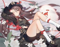 1girl black_hat black_shoes boo_tao_(genshin_impact) brown_hair chibi_vanille closed_eyes covering_one_eye covering_own_eyes drooling flower full_moon genshin_impact hair_spread_out hand_on_own_face hat hu_tao_(genshin_impact) legs long_sleeves lying moon on_back open_mouth porkpie_hat red_eyes shoes shorts smile symbol-shaped_pupils thighs twintails rating:General score:15 user:danbooru