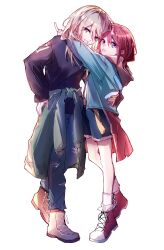  2girls arms_around_neck black_sweater blue_pants blue_shorts blush clothes_around_waist commentary denim girls_band_cry green_jacket grey_eyes grey_footwear grey_hair hand_on_another&#039;s_waist hashtag-only_commentary hibioes highres iseri_nina jacket jacket_around_waist jeans kawaragi_momoka long_hair long_sleeves looking_at_viewer multiple_girls pants red_footwear red_hair short_twintails shorts simple_background sweater tongue tongue_out torn_clothes torn_jeans torn_pants twintails white_background yuri  rating:General score:2 user:danbooru