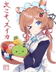  &gt;_o 1girl apron ascot back_bow basket blue_eyes bow bowtie brown_hair commentary_request deer deer_girl eli_conifer eli_conifer_(1st_costume) flower food food-themed_hair_ornament fruit gloves hair_ornament hair_ribbon hairclip highres holding holding_basket long_hair long_sleeves low_twintails maid maid_apron maid_headdress melon nijisanji one_eye_closed orange_(fruit) ribbon sds_koutou smile solo suika_game translation_request twintails virtual_youtuber wrist_flower 