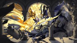  4boys 6+girls absurdres aglaea_(honkai:_star_rail) alternate_form anaxa_(honkai:_star_rail) architecture asymmetrical_wings bare_pectorals battle black_cloak black_shirt black_wings blonde_hair castorice_(honkai:_star_rail) cipher_(honkai:_star_rail) clawed_gauntlets cloak commentary cracked_skin dual_persona english_commentary flame_reaver_of_the_deepest_dark greco-roman_architecture hair_between_eyes halo halo_behind_head highres holding holding_sword holding_weapon honkai:_star_rail honkai_(series) hood hood_up hooded_cloak hyacine_(honkai:_star_rail) material_growth multiple_boys multiple_girls mydei_(honkai:_star_rail) pectorals phainon_(honkai:_star_rail) shirt short_hair silhouette sword torn_clothes torn_shirt trianne_(honkai:_star_rail) tribbie_(honkai:_star_rail) trinnon_(honkai:_star_rail) weapon wings yellow_blood yellow_eyes yellow_wings zephyere 