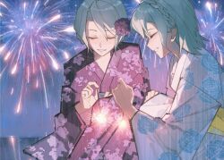 2girls aerial_fireworks aqua_hair bang_dream! braid closed_eyes commentary crown_braid fireworks flower hair_flower hair_ornament hashtag-only_commentary highres hikawa_hina hikawa_sayo holding holding_fireworks japanese_clothes kimono multiple_girls open_mouth purple_kimono siblings sisters toumeiii twins white_kimono yukata 